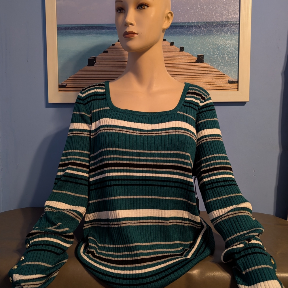 Nwt Liz Claiborne Teal and White Striped Scoop Neck Sweater Stretch XXLarge